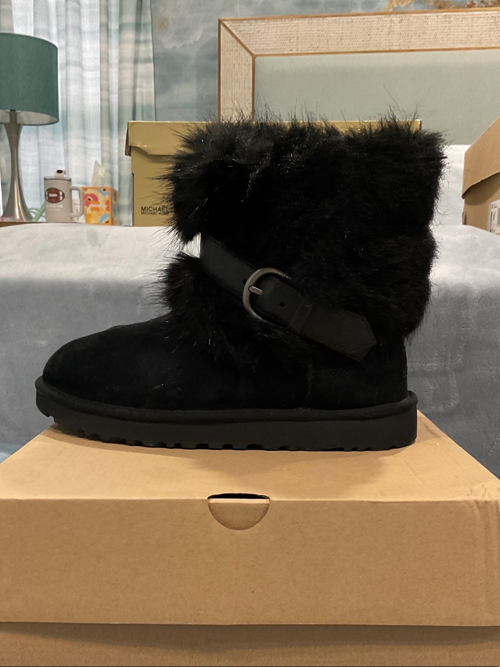 UGG Black Faux Fur Ankle Slippers with Side Buckle